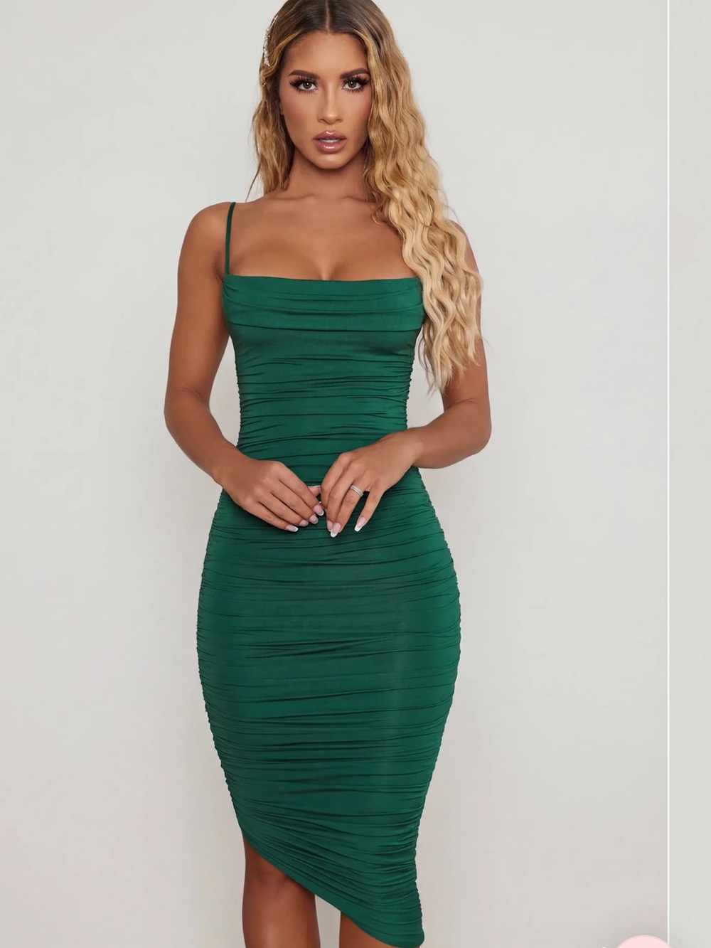Oh Polly Cowl Neck Ruched Bodycon Midi Dress in Green